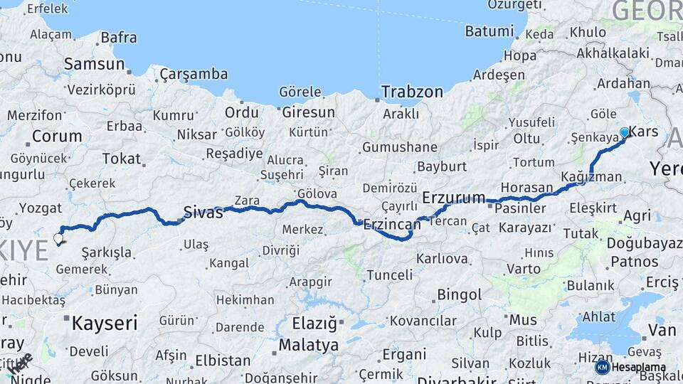 Kars Sarıkaya Yozgat Arası Kaç Km - Yol Haritası