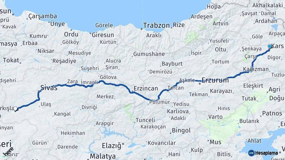 Kars Şarkışla Sivas Arası Kaç Km - Yol Haritası