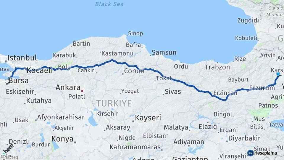 Kars Selim Bursa Arası Kaç Km - Yol Haritası