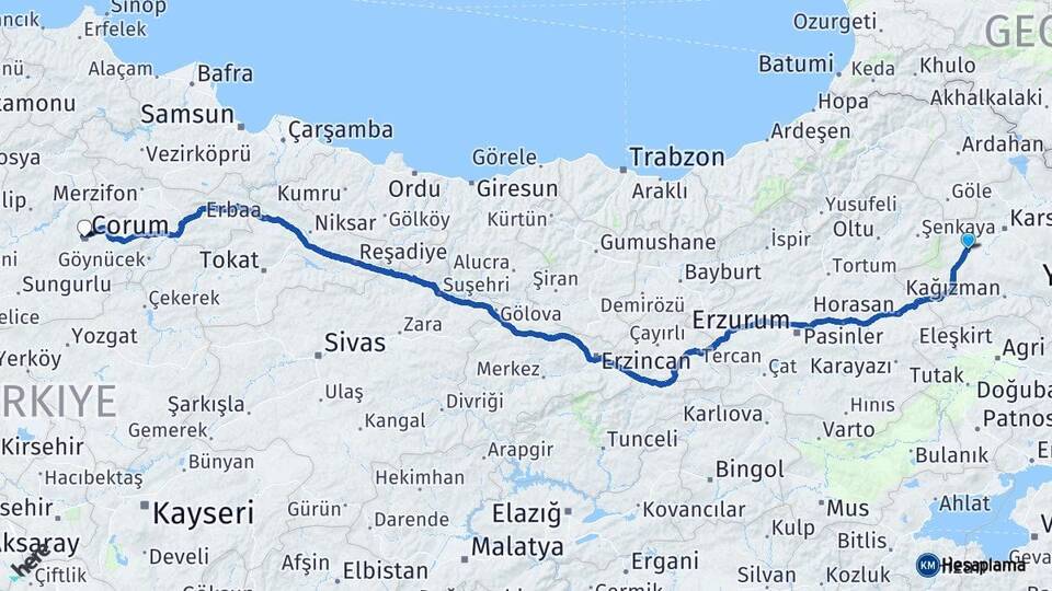 Kars Selim Çorum Arası Kaç Km - Yol Haritası