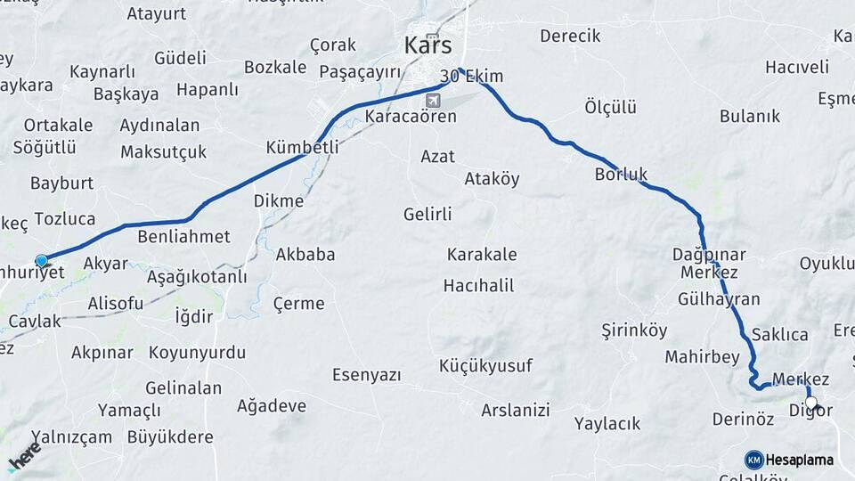 Kars Selim Digor Arası Kaç Km - Yol Haritası