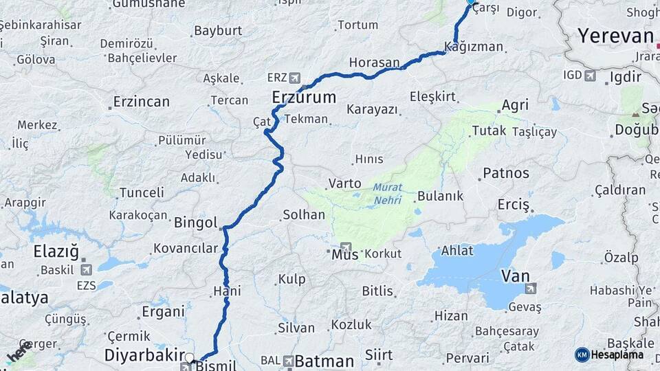 Kars Selim Diyarbakır Arası Kaç Km - Yol Haritası
