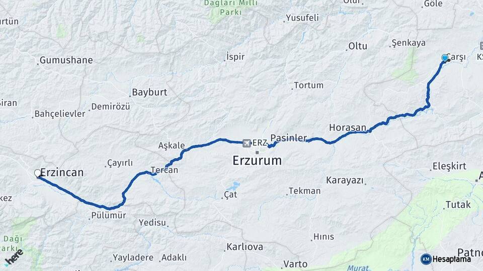 Kars Selim Erzincan Arası Kaç Km - Yol Haritası