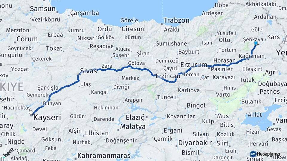 Kars Selim Kayseri Arası Kaç Km - Yol Haritası