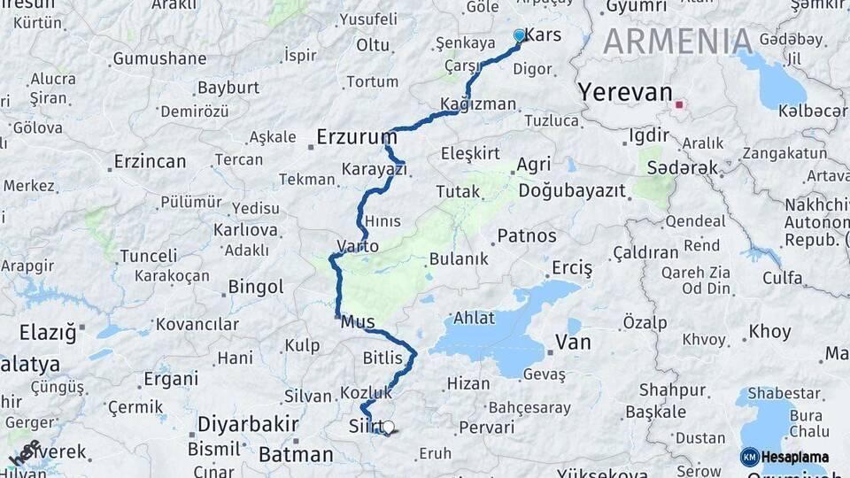 Kars Siirt Arası Kaç Km - Yol Haritası