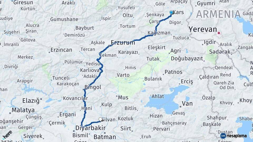 Kars Silvan Diyarbakır Arası Kaç Km - Yol Haritası