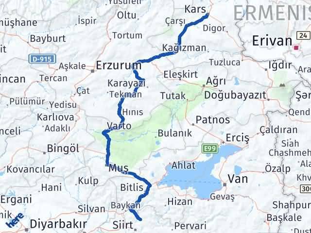 Kars Şirvan Siirt Arası Kaç Km - Yol Haritası