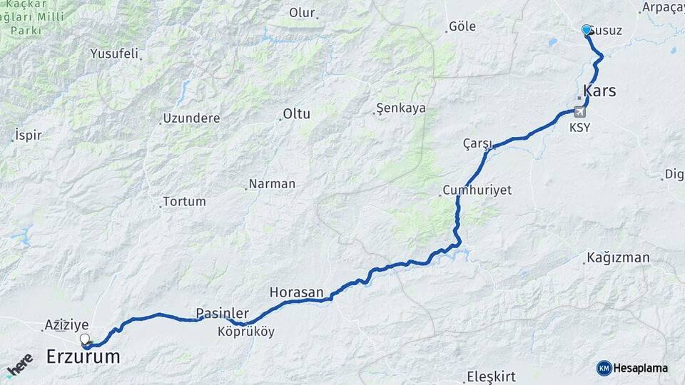Kars Susuz Erzurum Arası Kaç Km - Yol Haritası