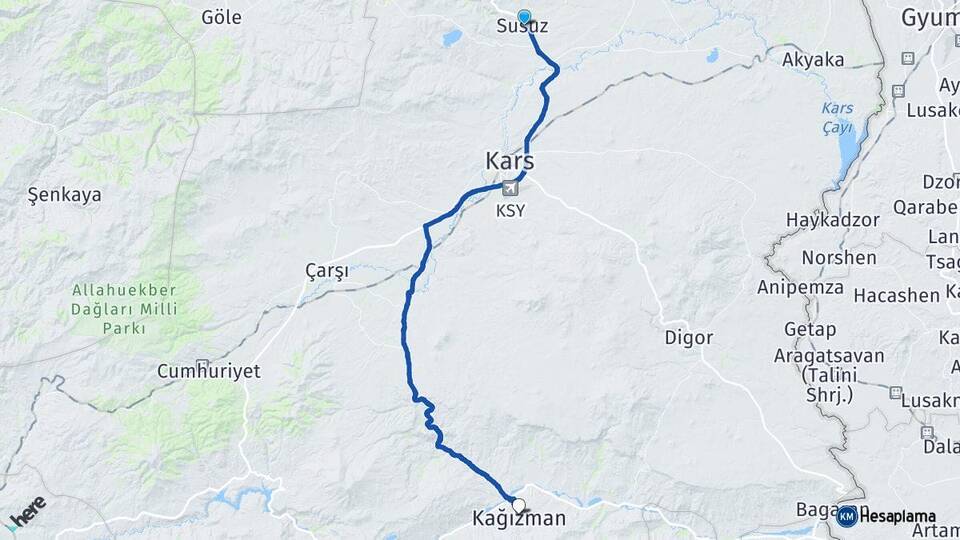 Kars Susuz Kağızman Arası Kaç Km - Yol Haritası