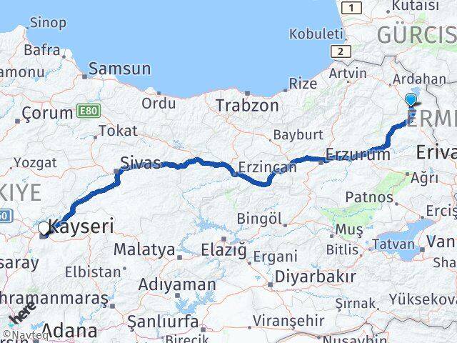 Kars Susuz Kayseri Arası Kaç Km - Yol Haritası