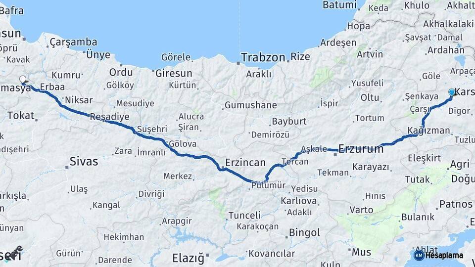 Kars Taşova Amasya Arası Kaç Km - Yol Haritası