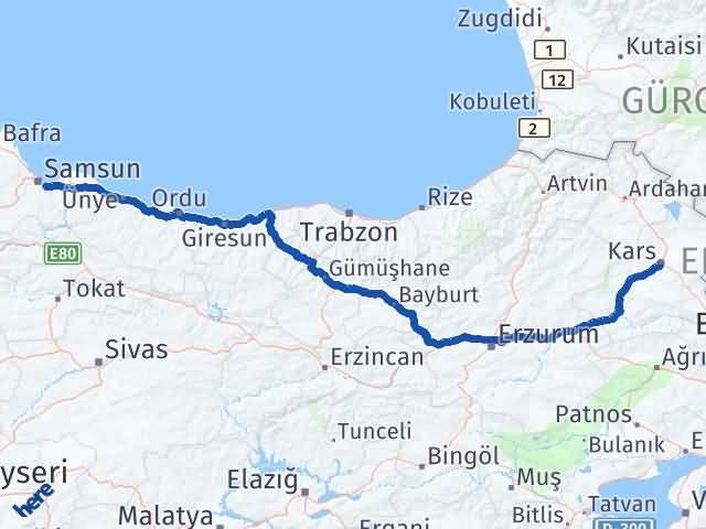 Kars Tekkeköy Samsun Arası Kaç Km - Yol Haritası