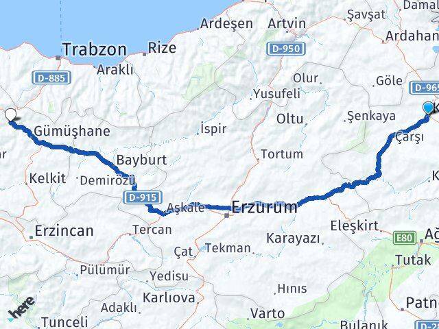 Kars Torul Gümüşhane Arası Kaç Km - Yol Haritası