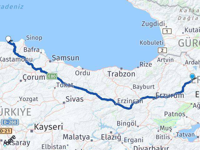 Kars Türkeli Sinop Arası Kaç Km - Yol Haritası