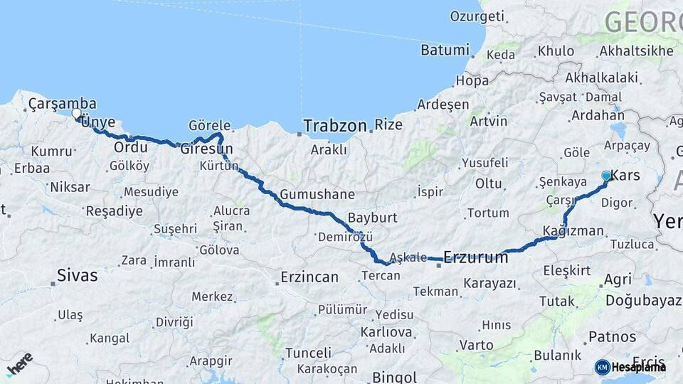 Kars Ünye Ordu Arası Kaç Km - Yol Haritası