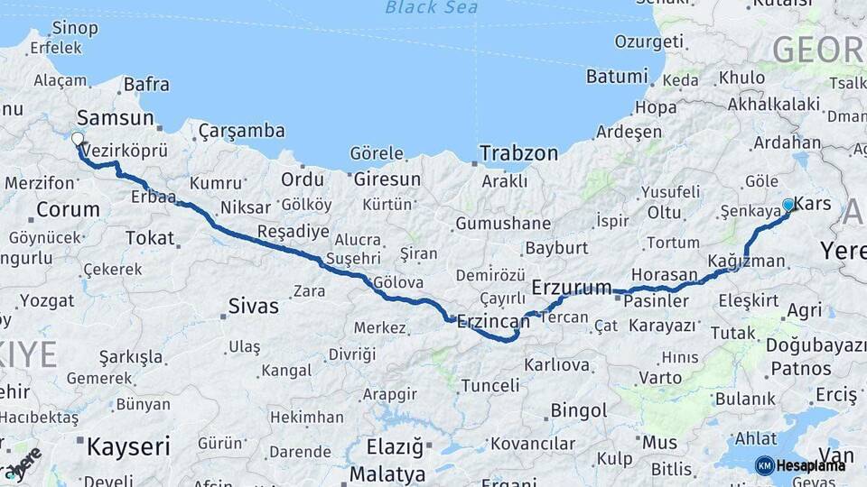 Kars Vezirköprü Samsun Arası Kaç Km - Yol Haritası