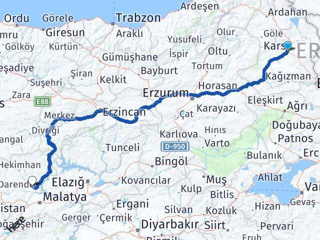 Kars Yazıhan Malatya Arası Kaç Km - Yol Haritası