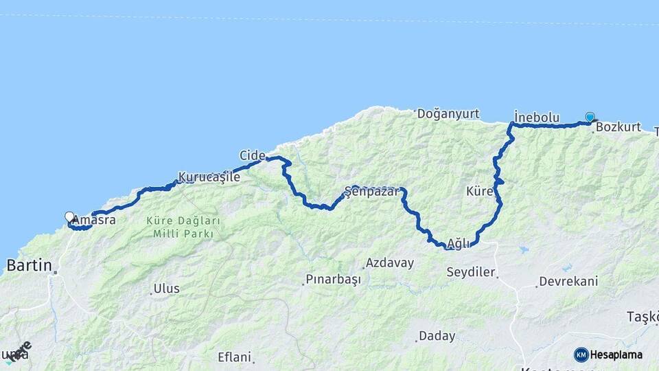 Kastamonu Abana Amasra Bartın Arası Kaç Km - Yol Haritası