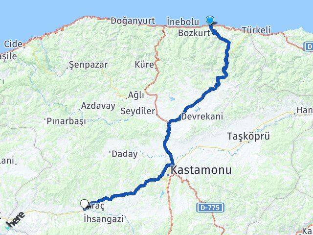 Kastamonu Abana Araç Arası Kaç Km - Yol Haritası