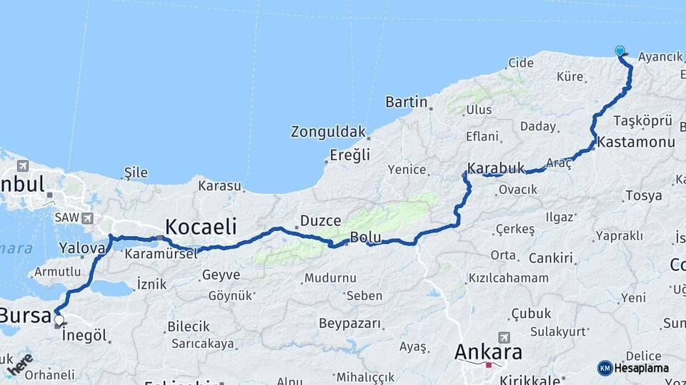 Kastamonu Abana Bursa Arası Kaç Km - Yol Haritası