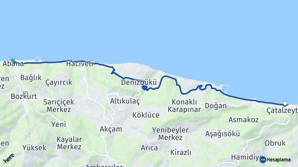 Kastamonu Abana Çatalzeytin Arası Kaç Km - Yol Haritası