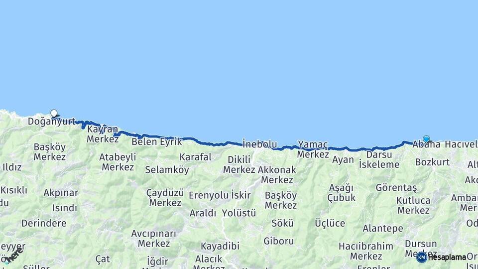 Kastamonu Abana Doğanyurt Arası Kaç Km - Yol Haritası