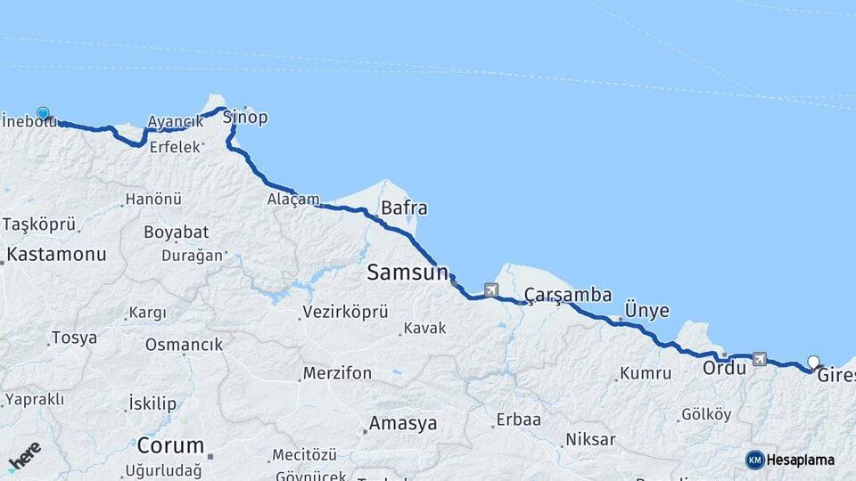 Kastamonu Abana Giresun Arası Kaç Km - Yol Haritası
