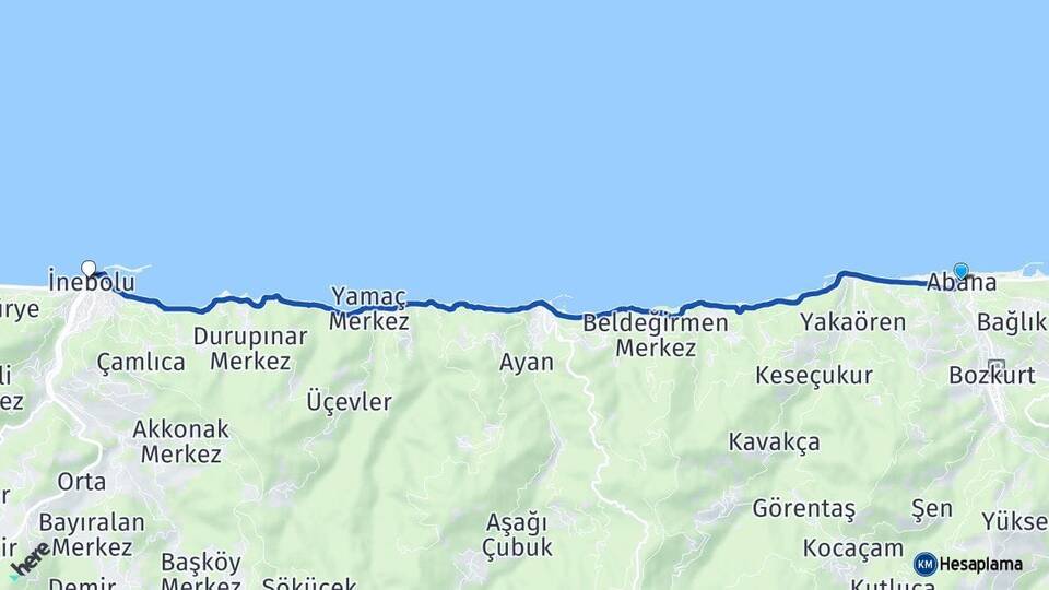 Kastamonu Abana İnebolu Arası Kaç Km - Yol Haritası