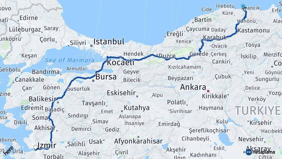 Kastamonu Abana İzmir Arası Kaç Km - Yol Haritası
