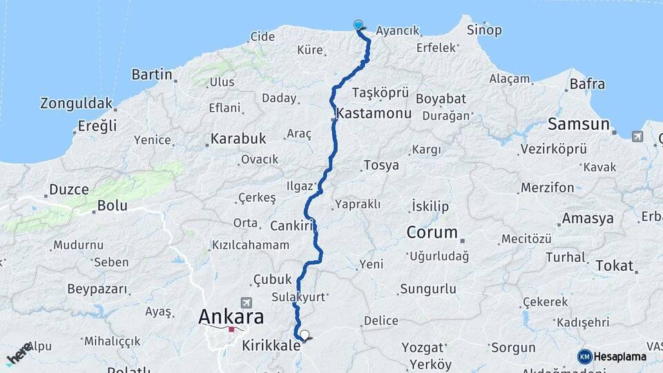 Kastamonu Abana Kırıkkale Arası Kaç Km - Yol Haritası