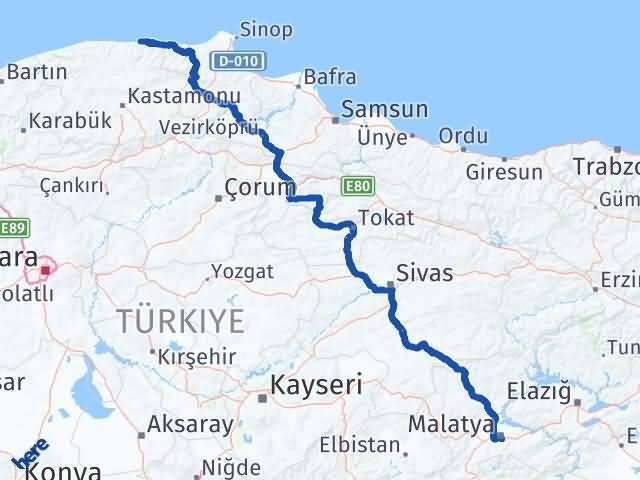 Kastamonu Abana Malatya Arası Kaç Km - Yol Haritası
