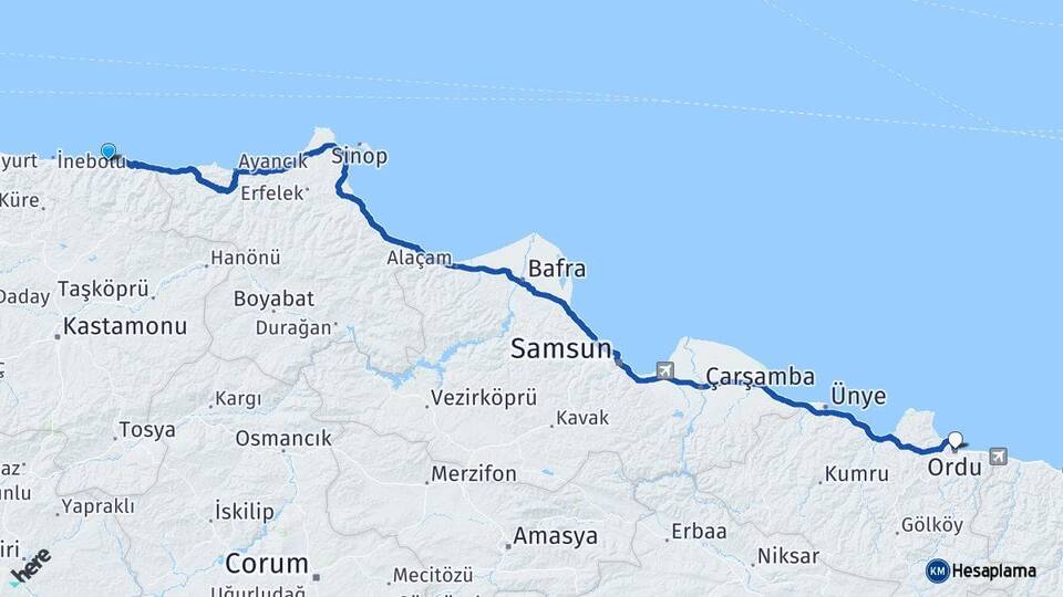 Kastamonu Abana Ordu Arası Kaç Km - Yol Haritası