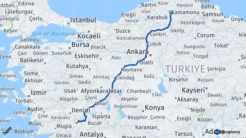 Kastamonu Acıpayam Denizli Arası Kaç Km - Yol Haritası