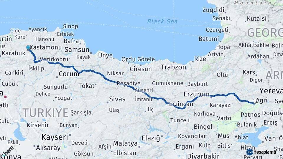 Kastamonu Ağrı Arası Kaç Km - Yol Haritası