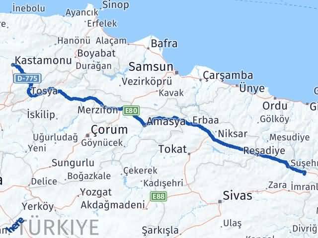 Kastamonu Akıncılar Sivas Arası Kaç Km - Yol Haritası