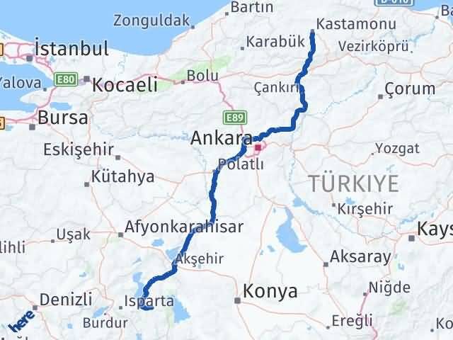 Kastamonu Aksu Isparta Arası Kaç Km - Yol Haritası