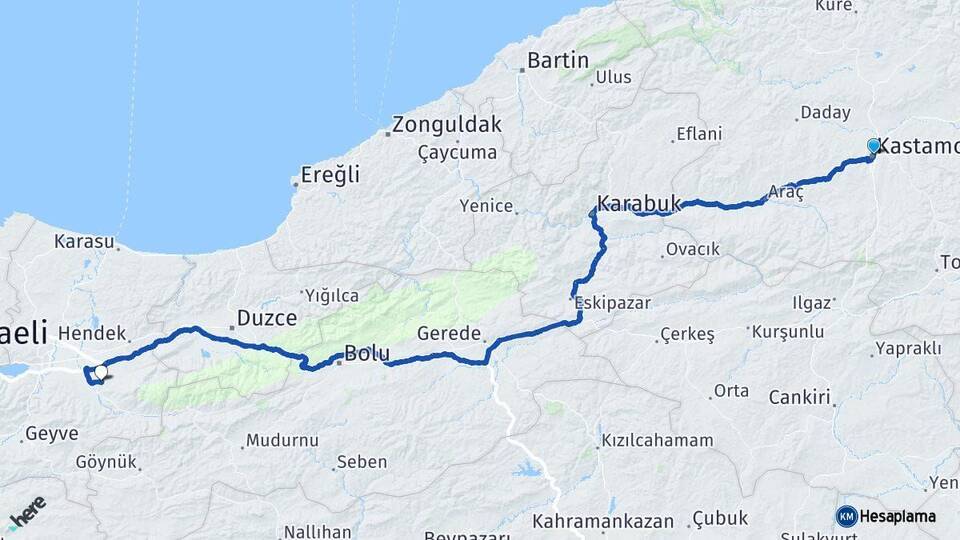 Kastamonu Akyazı Sakarya Arası Kaç Km - Yol Haritası