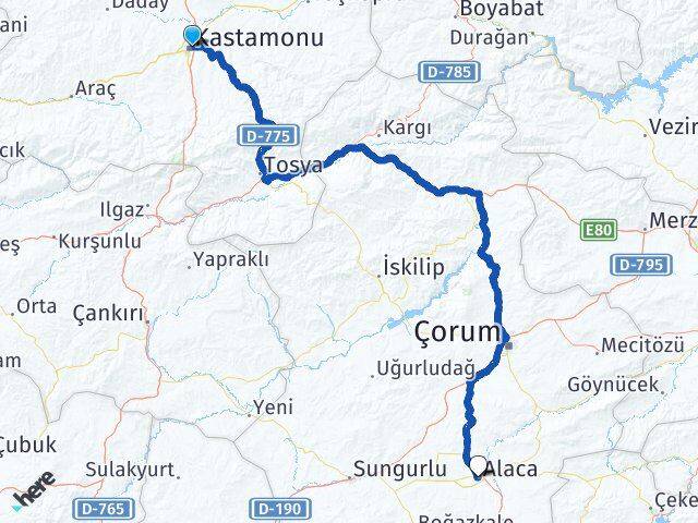 Kastamonu Alaca Çorum Arası Kaç Km - Yol Haritası