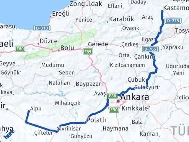 Kastamonu Alpu Eskişehir Arası Kaç Km - Yol Haritası
