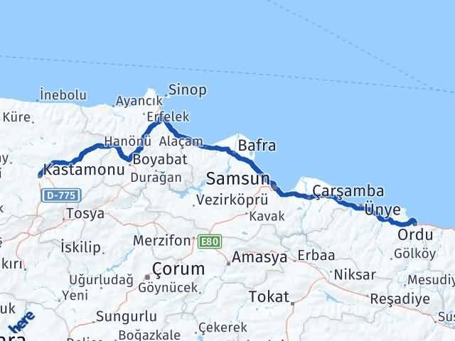 Kastamonu Altınordu Arası Kaç Km - Yol Haritası