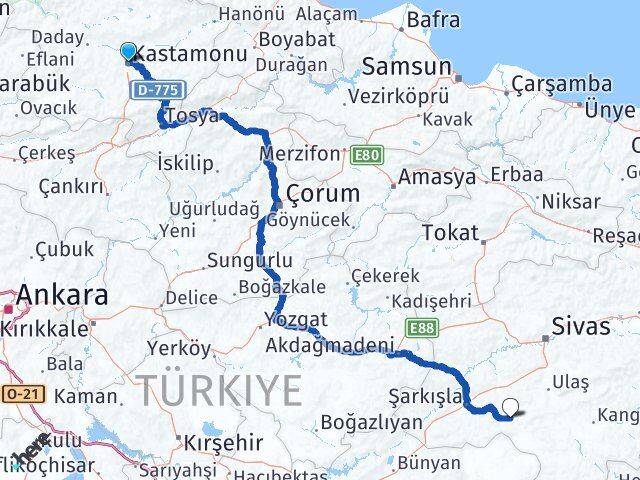 Kastamonu Altınyayla Sivas Arası Kaç Km - Yol Haritası