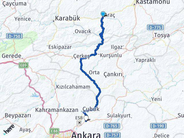 Kastamonu Araç Akyurt Ankara Arası Kaç Km - Yol Haritası