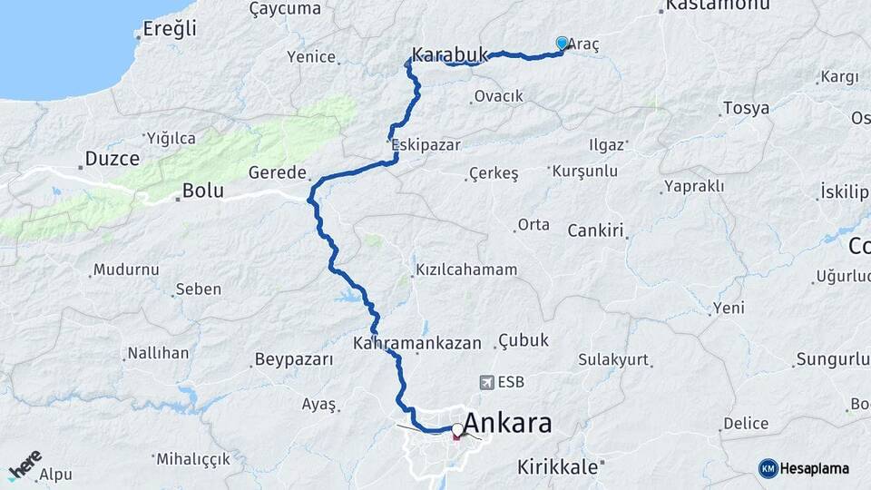 Kastamonu Araç Ankara Arası Kaç Km - Yol Haritası