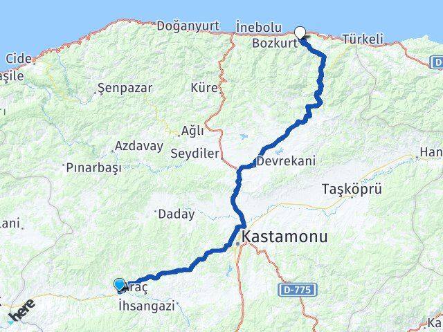 Kastamonu Araç Bozkurt Arası Kaç Km - Yol Haritası