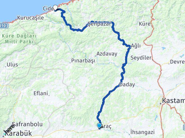 Kastamonu Araç Cide Arası Kaç Km - Yol Haritası