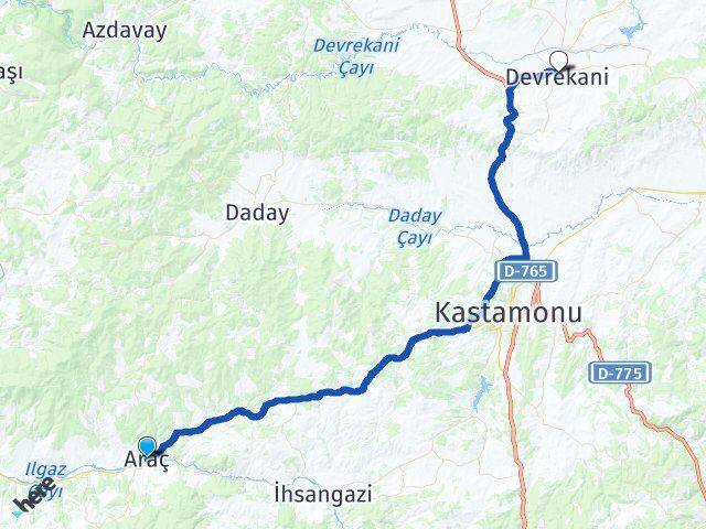 Kastamonu Araç Devrekani Arası Kaç Km - Yol Haritası