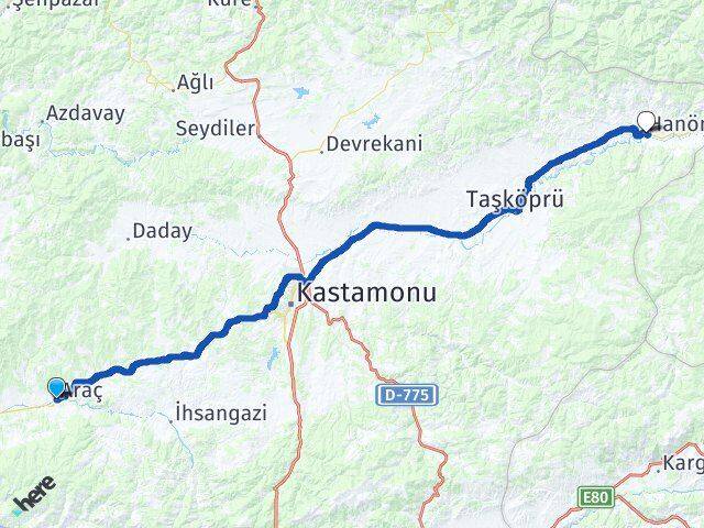 Kastamonu Araç Hanönü Arası Kaç Km - Yol Haritası