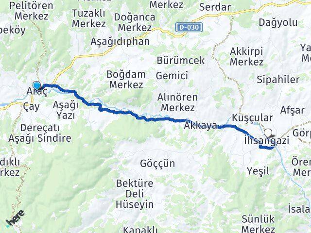 Kastamonu Araç İhsangazi Arası Kaç Km - Yol Haritası