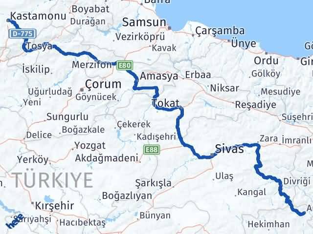 Kastamonu Arapgir Malatya Arası Kaç Km - Yol Haritası