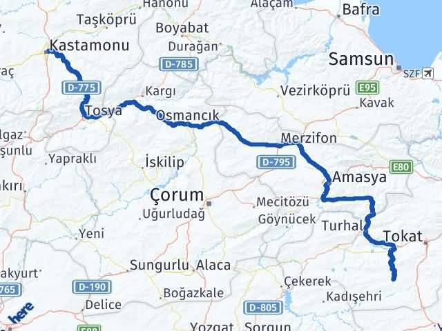 Kastamonu Artova Tokat Arası Kaç Km - Yol Haritası